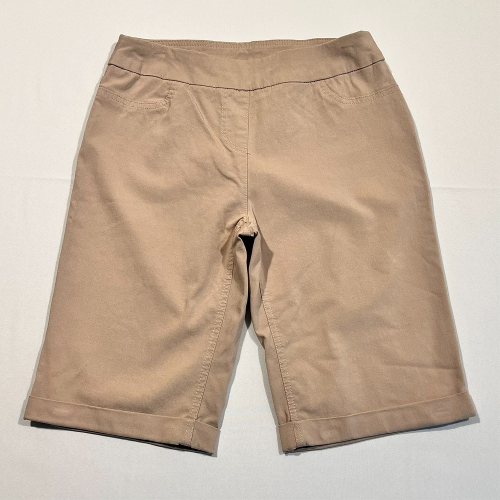 Soft‎ Surroundings Bermuda Shorts Chino Beige Tan Cuffed Pull On Stretch Size XS